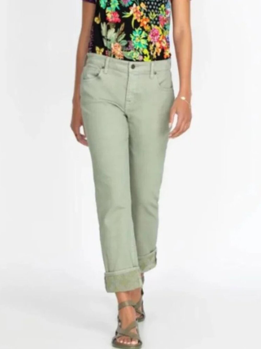 Johnny Was Reina Embroidered Cuffed Boyfriend Jean Boho Festival Sage Green 31
